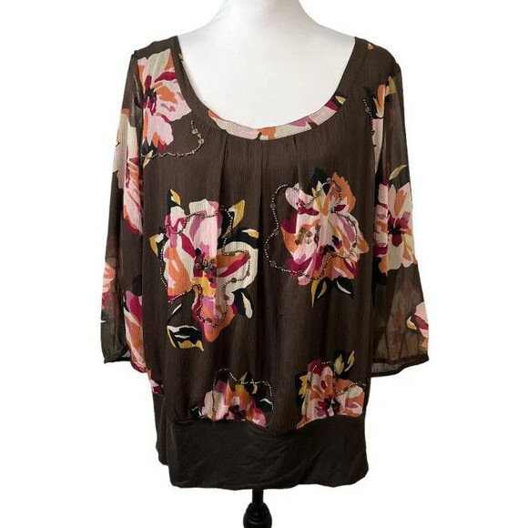 Charter Club Blouse Plus Size 18W Floral Multicolor Beaded Chiffon Work Shirt - Picture 1 of 11